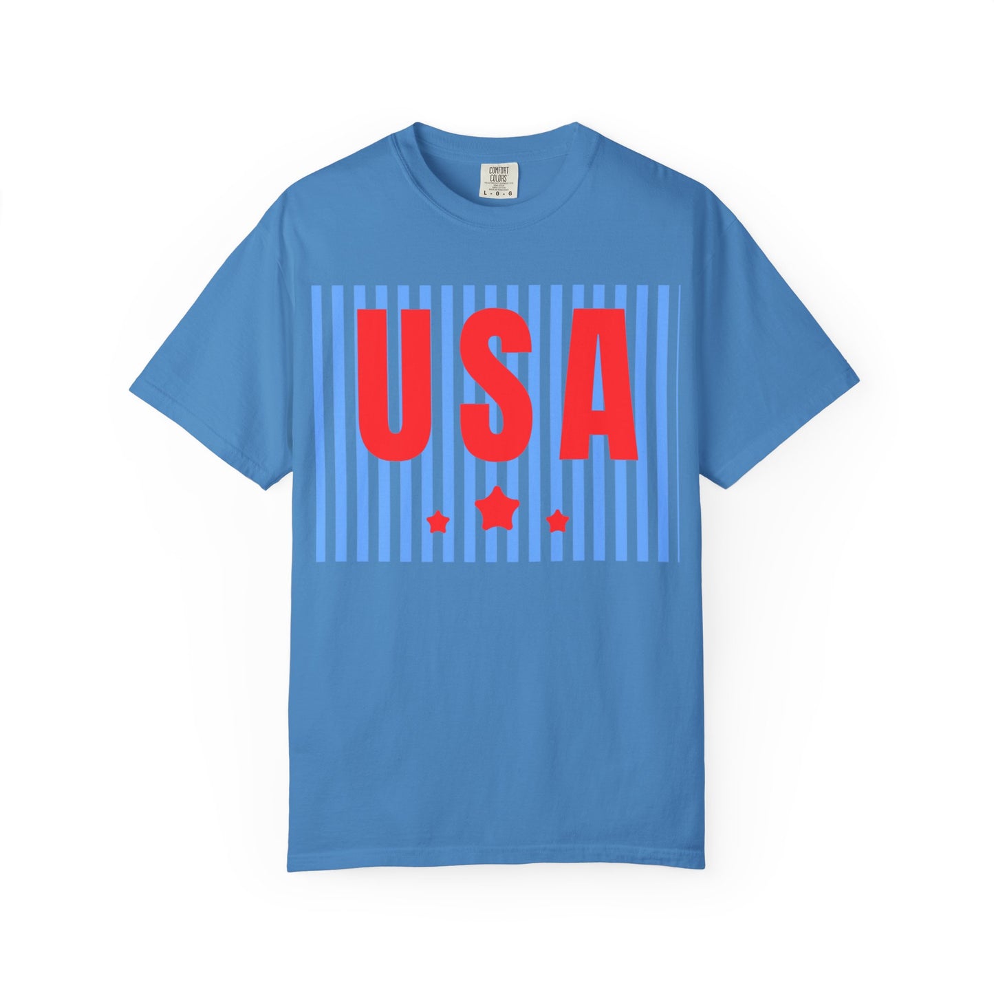 USA Graphic T-Shirt — Red & Blue Striped Patriotic Tee