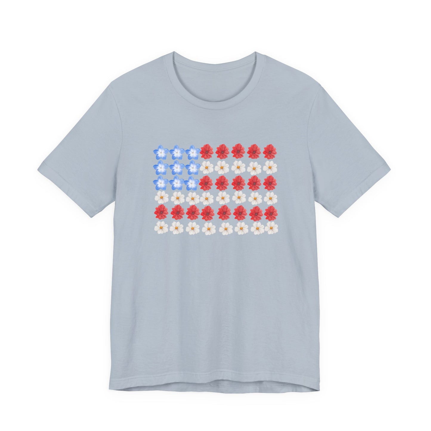 American Flag Floral Tee — Patriotic Red White Blue Flower Flag T-Shirt