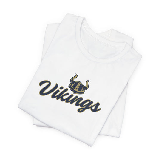 Vikings Script Tee — Retro Horned Helmet Sports T‑Shirt