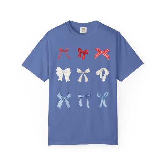 Patriotic Bow Pattern T-Shirt — Red, White & Blue Ribbon Graphic Tee