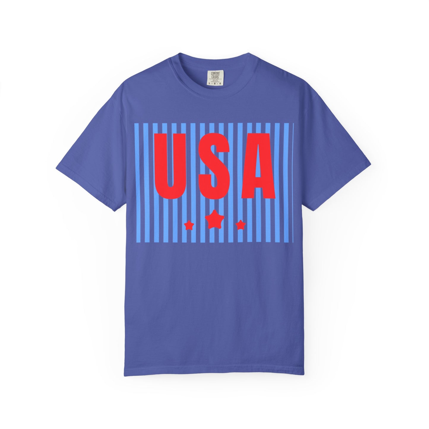 USA Graphic T-Shirt — Red & Blue Striped Patriotic Tee
