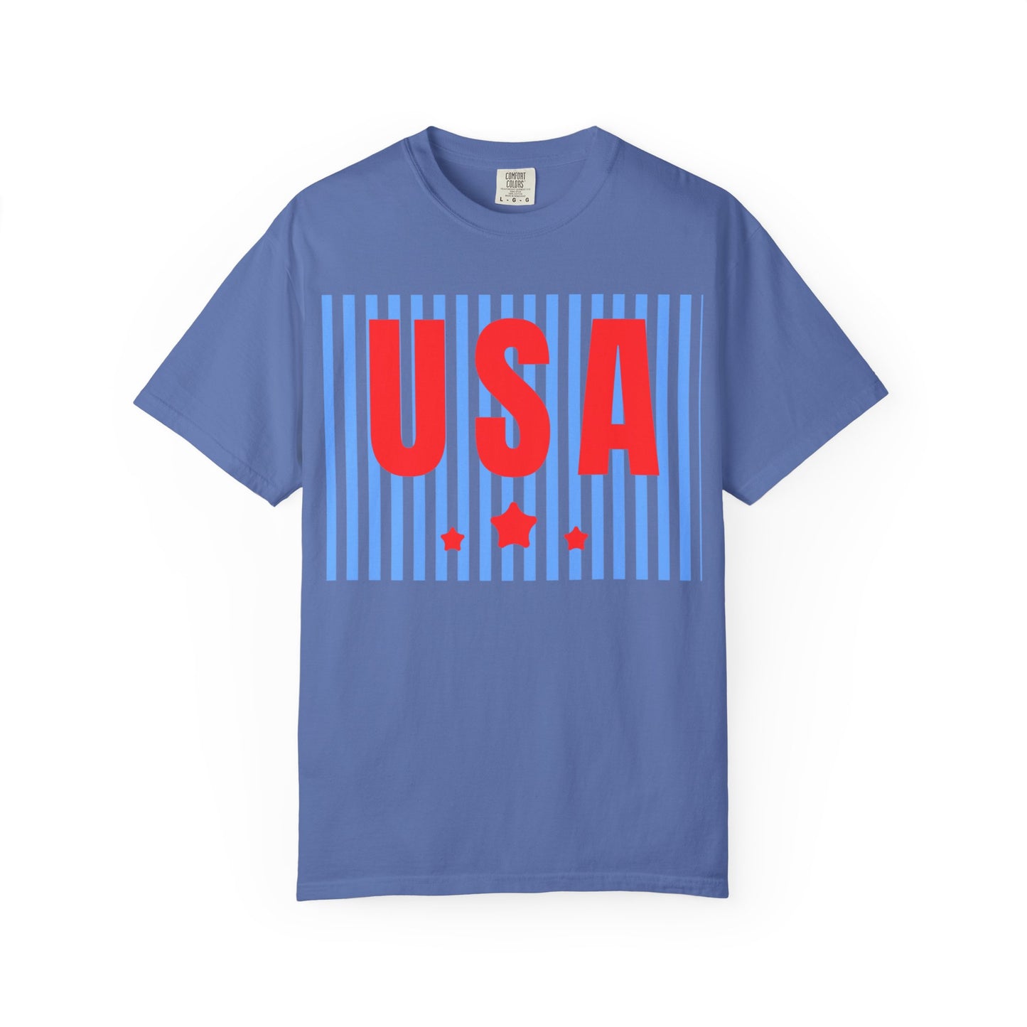 USA Graphic T-Shirt — Red & Blue Striped Patriotic Tee