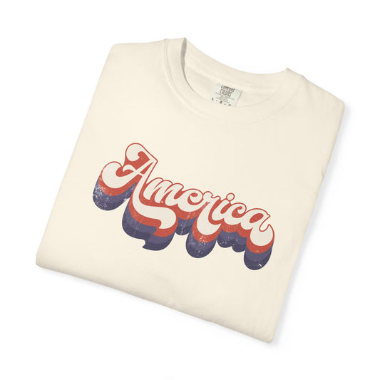 America Retro Script T-Shirt – Vintage 3D Wave Patriotic Tee