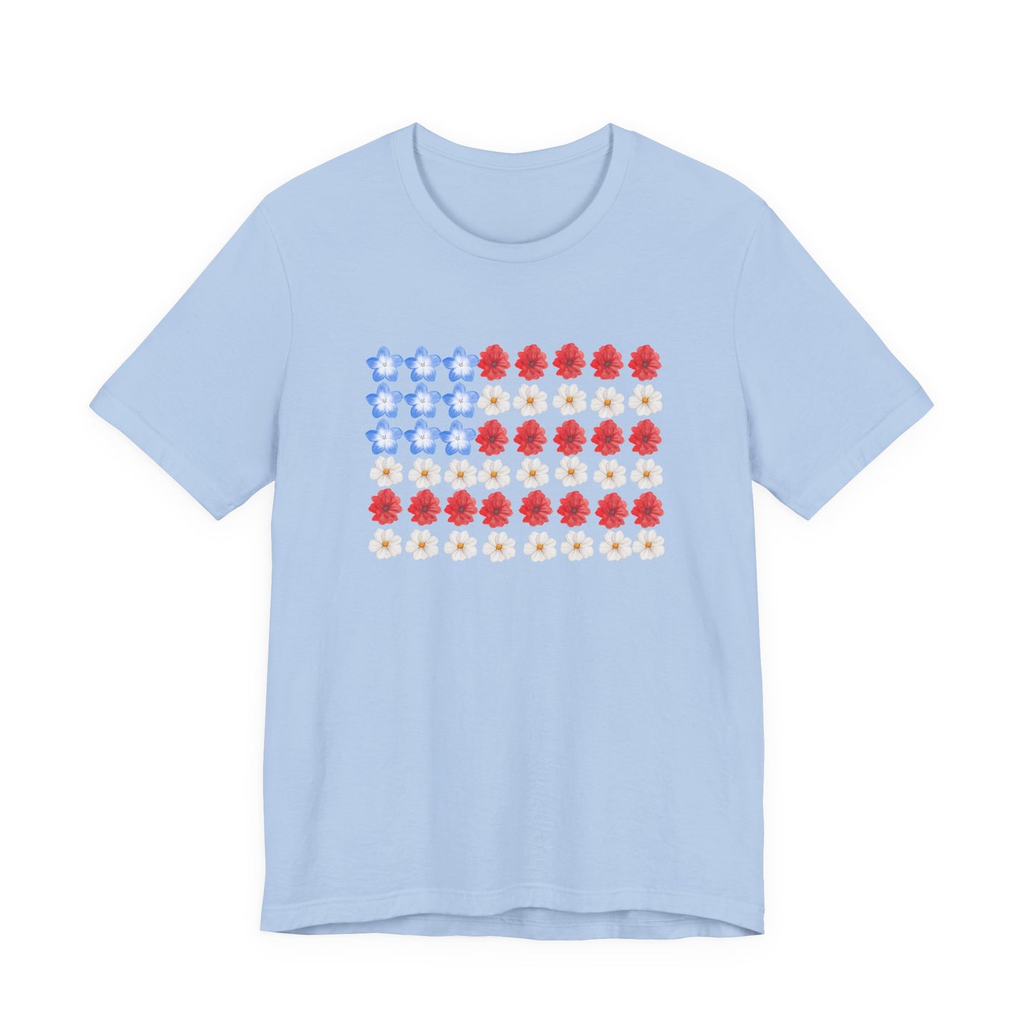 American Flag Floral Tee — Patriotic Red White Blue Flower Flag T-Shirt