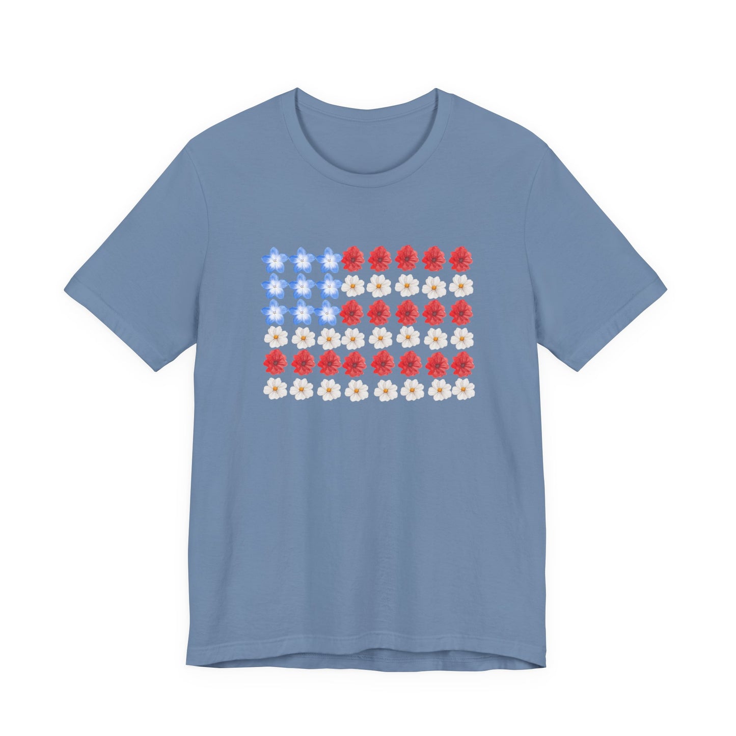 American Flag Floral Tee — Patriotic Red White Blue Flower Flag T-Shirt