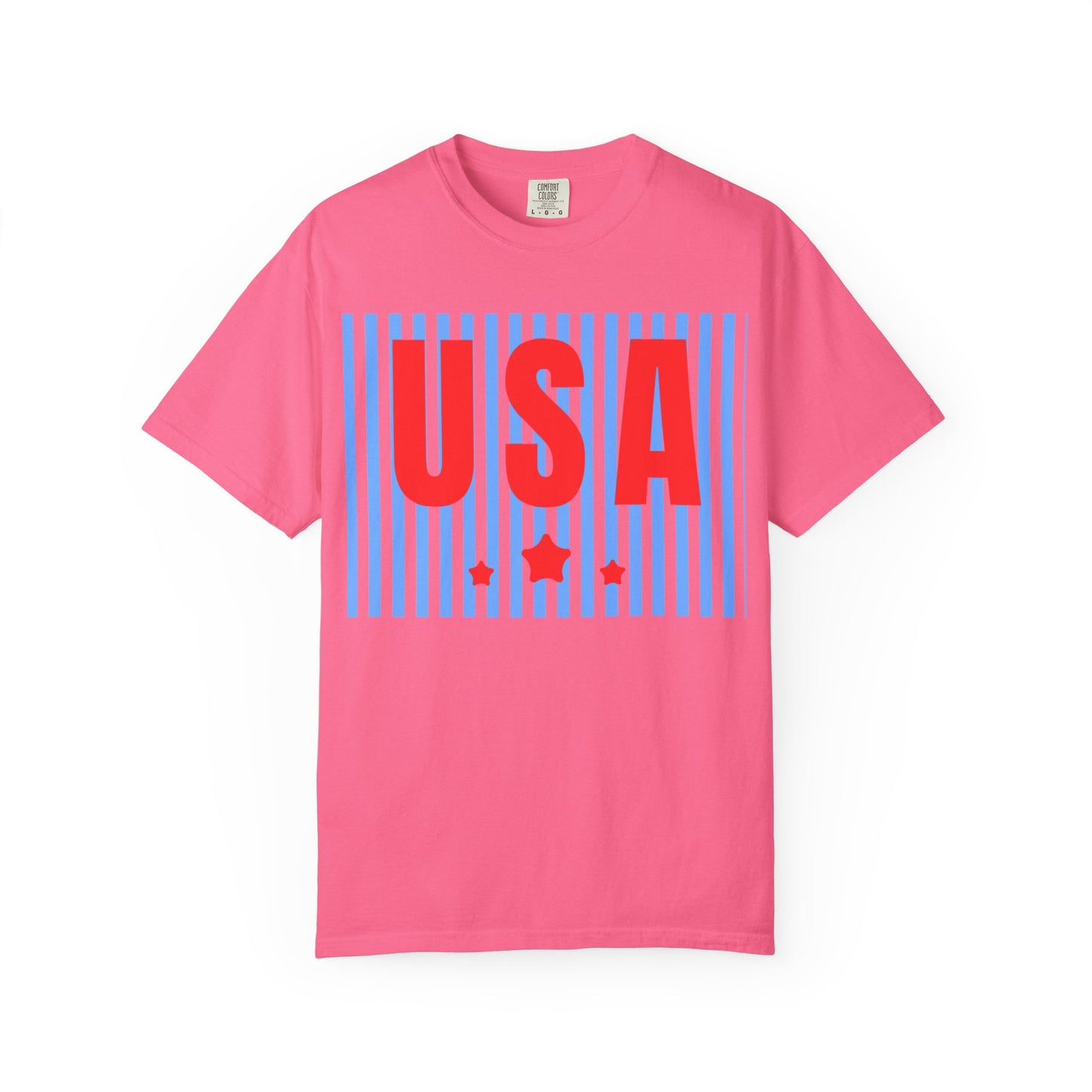 USA Graphic T-Shirt — Red & Blue Striped Patriotic Tee