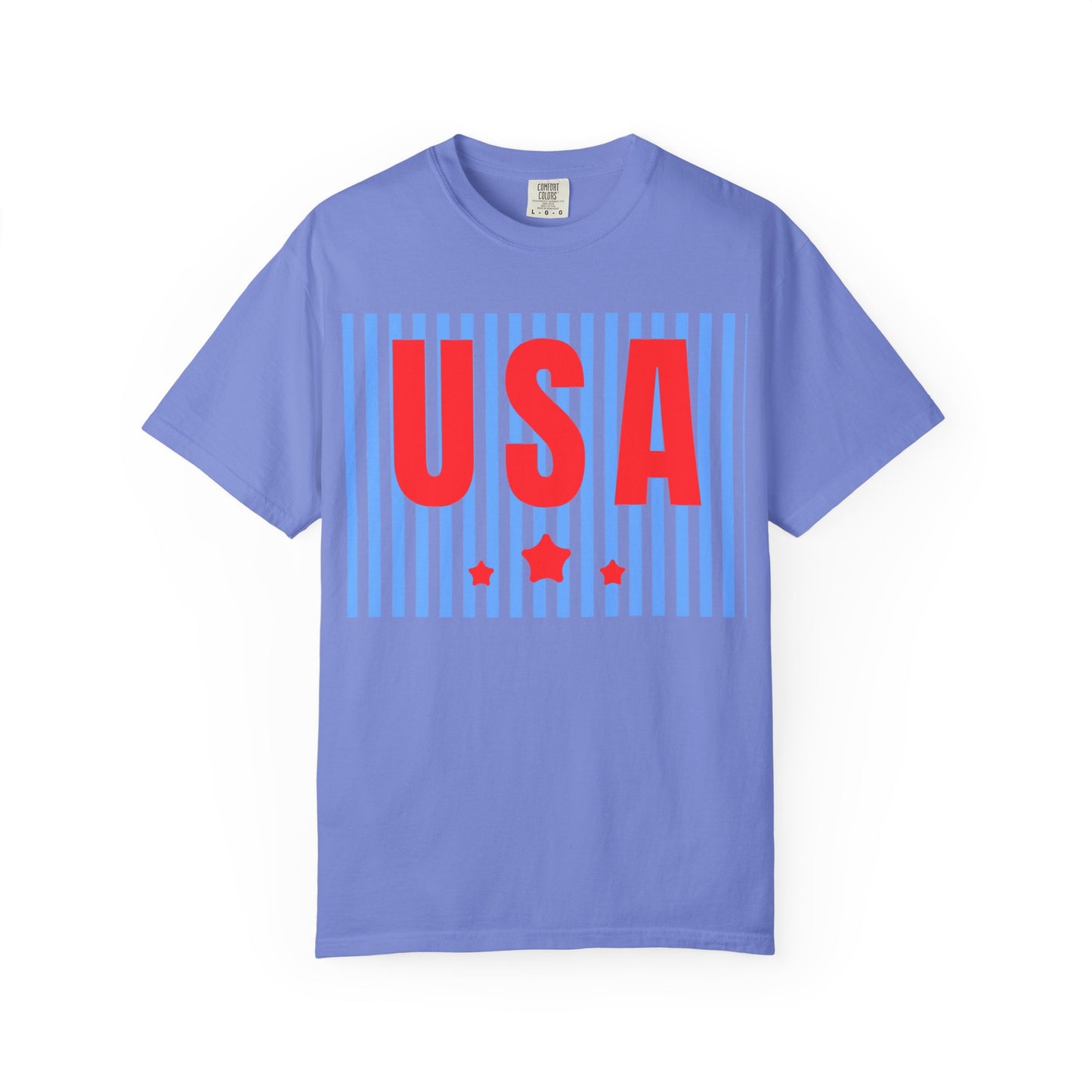 USA Graphic T-Shirt — Red & Blue Striped Patriotic Tee