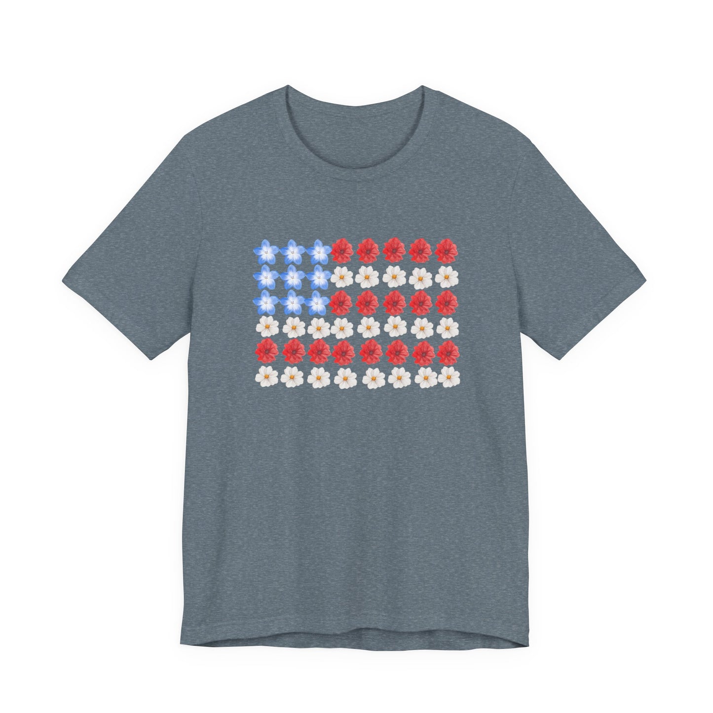 American Flag Floral Tee — Patriotic Red White Blue Flower Flag T-Shirt