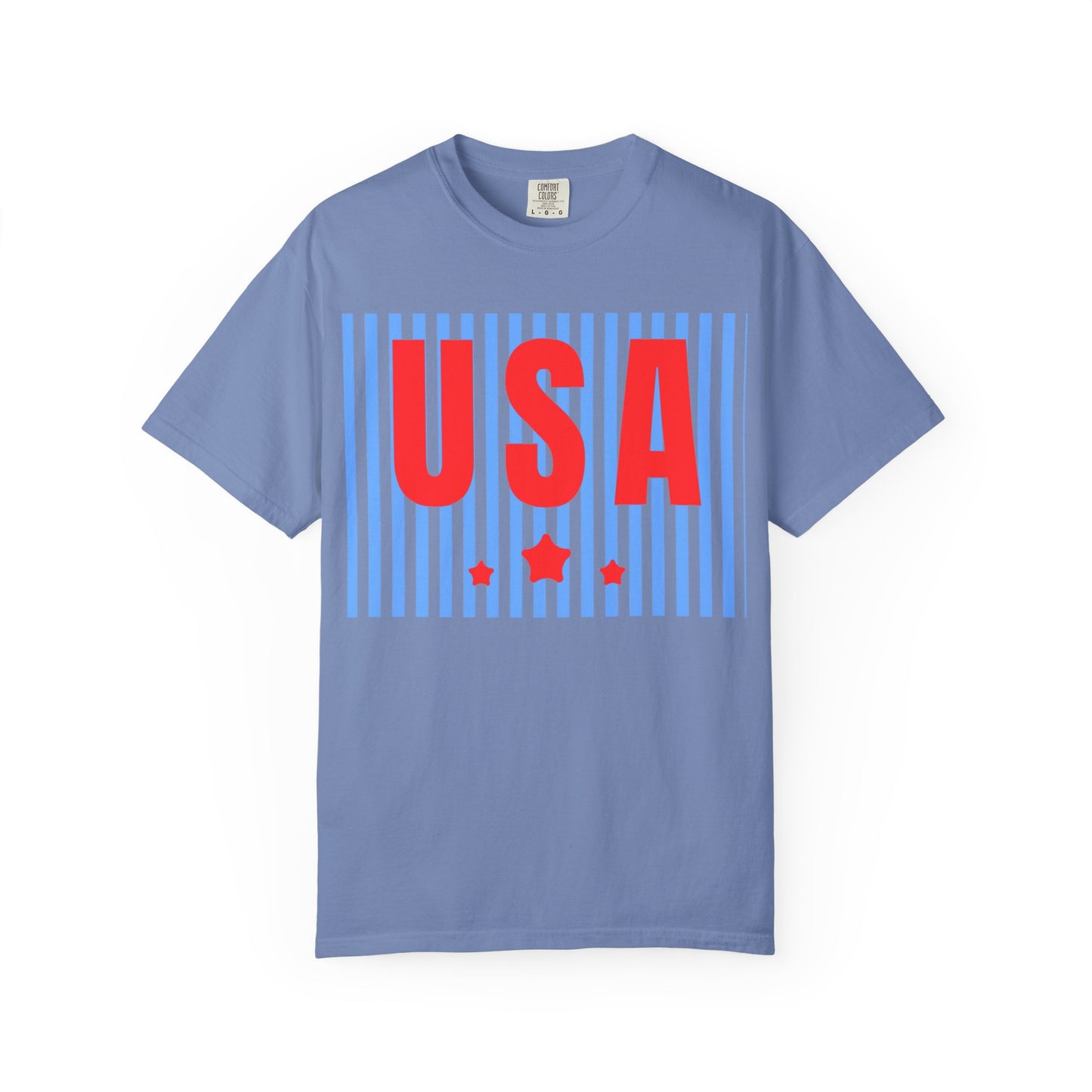 USA Graphic T-Shirt — Red & Blue Striped Patriotic Tee
