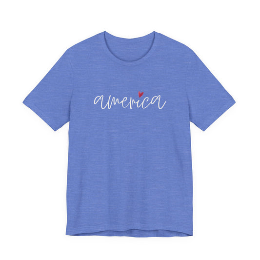 America Script Heart T-Shirt — Patriotic Fourth of July Tee